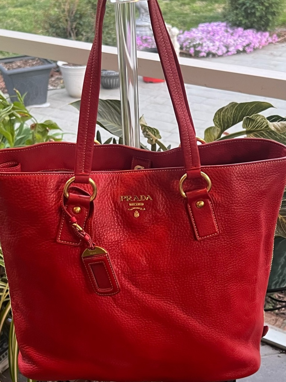 Prada Red Pebbled Leather Tote with Gold Hardware